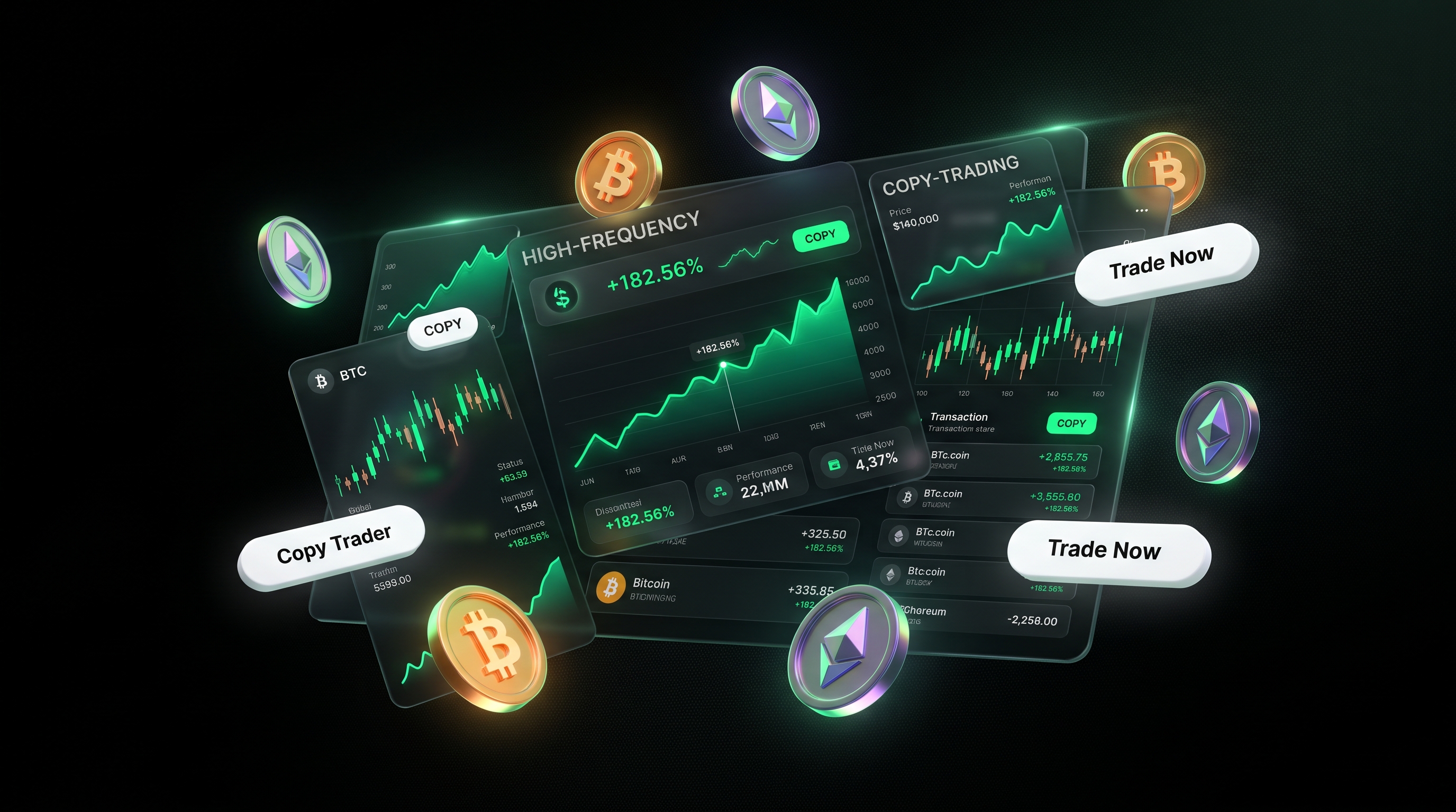 Floating copy-trading dashboards with green performance charts and cryptocurrency coins