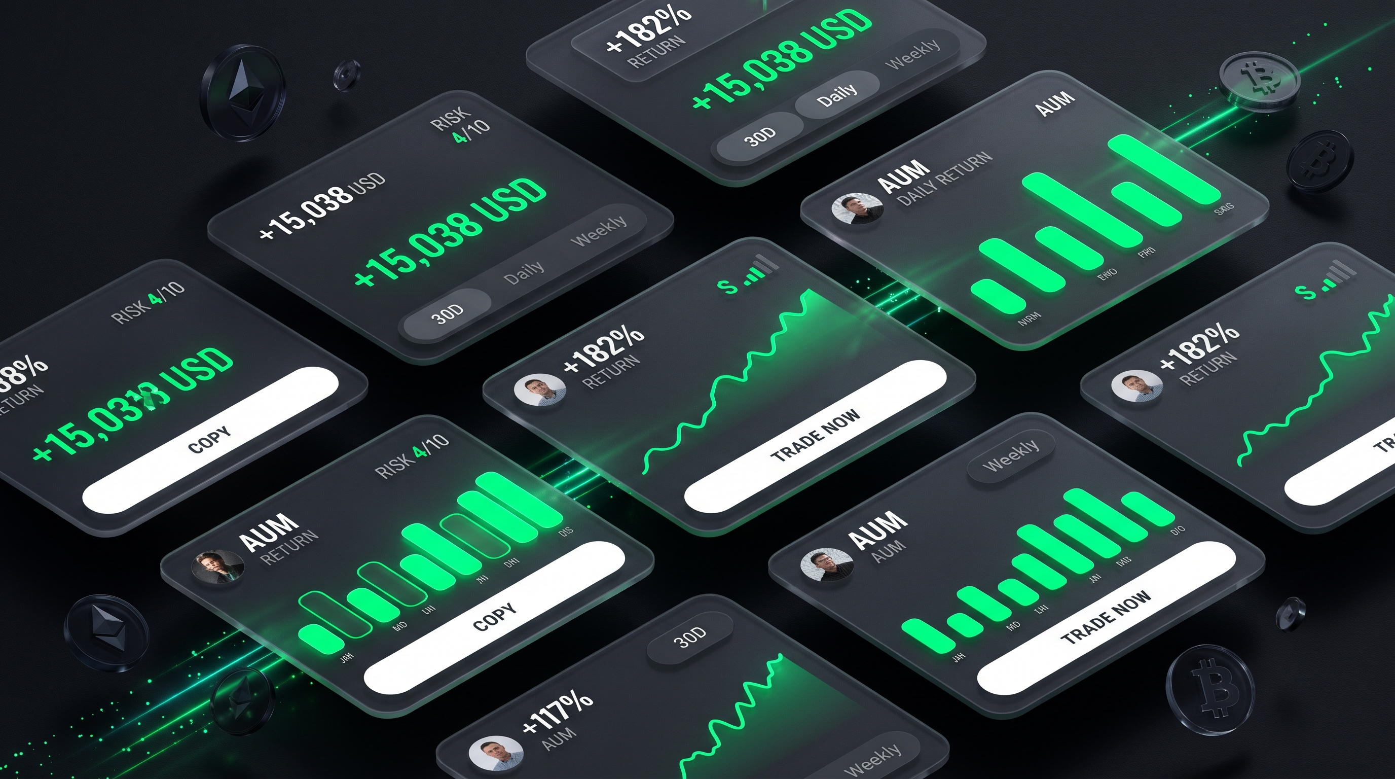 Copy-trader strategy dashboard preview with returns, AUM, risk meters, and performance sparklines